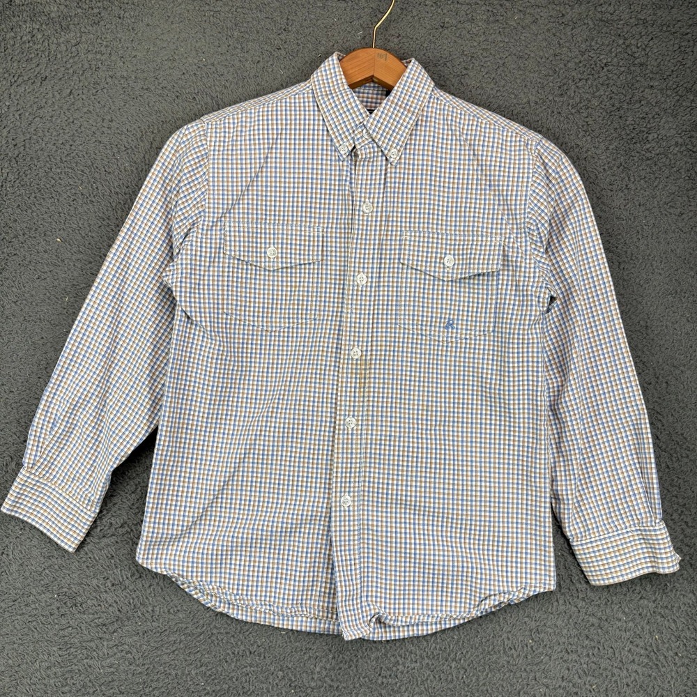 Roper Boys Blue Tan‎ Plaid Western Button Down Shirt Long Sleeve Size L 12-14